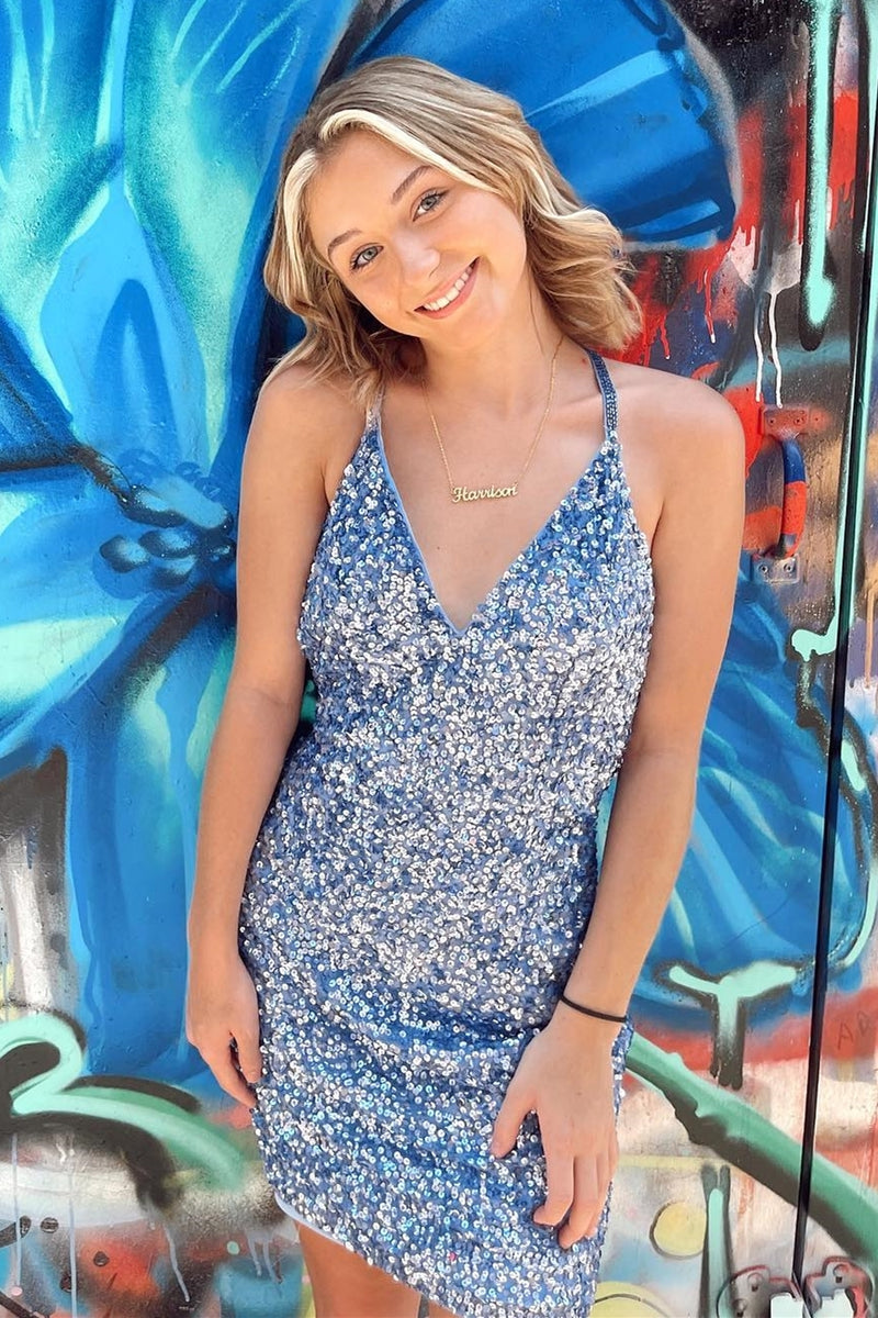 Glitters Blue Sequin Straps Bodycon Mini Homecoming Dress