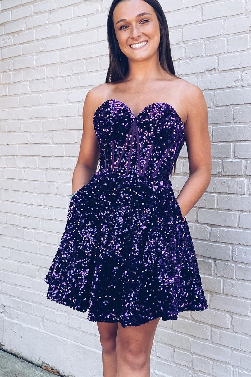 Sweetheart Purple Sequin A-line Short Homecoming Dress with Pockets