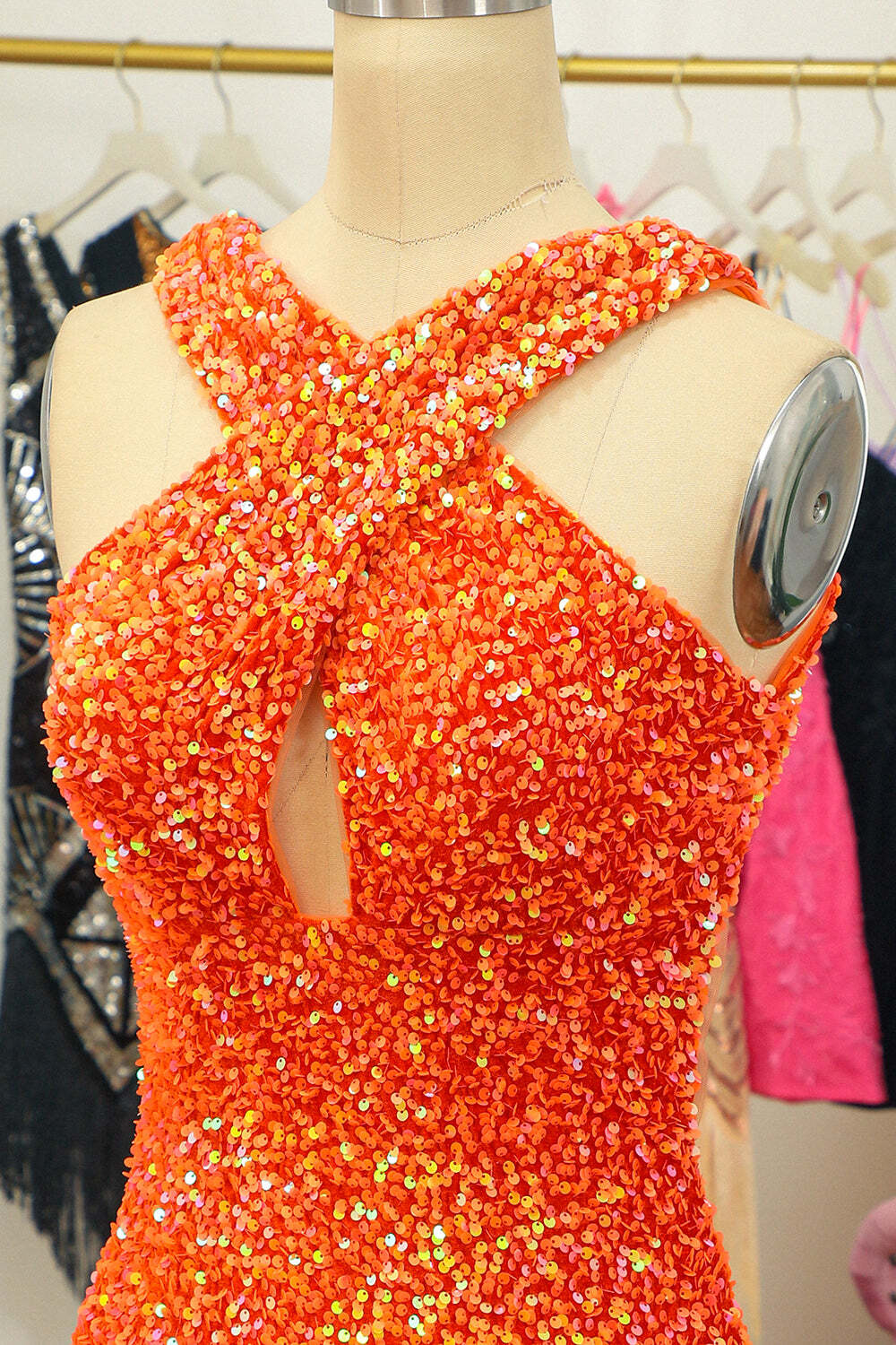 Orange Sequin Cross Front Bodycon Mini Party Dress