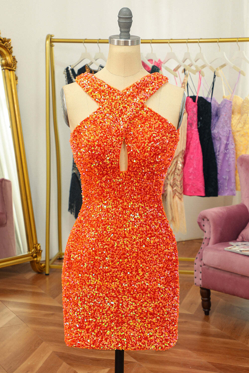 Orange Sequin Cross Front Bodycon Mini Party Dress