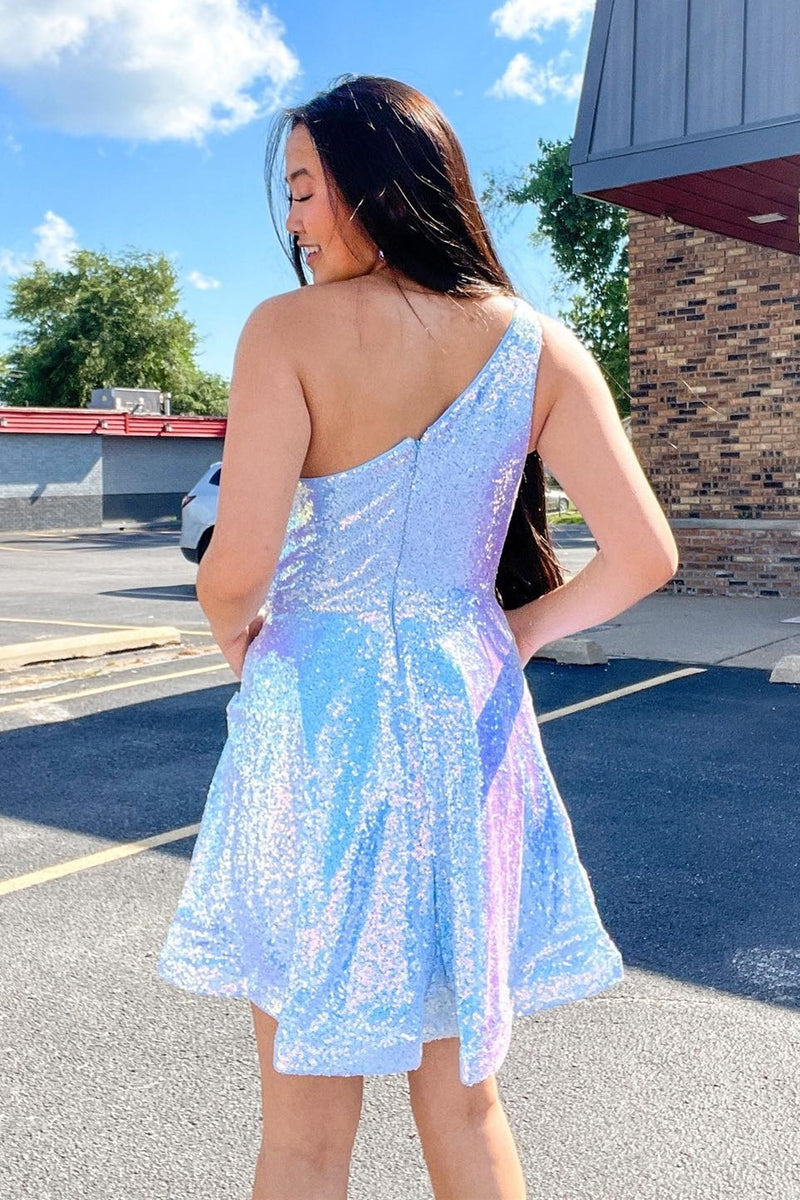 One Shoulder Blue Sequin Short A-line Homecoming Dress