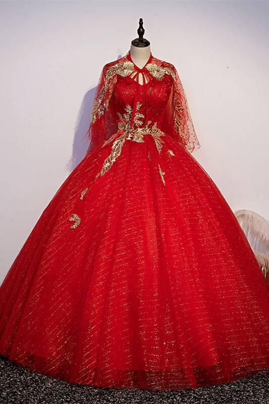 Red and Gold Long Ball Gown with Shawl