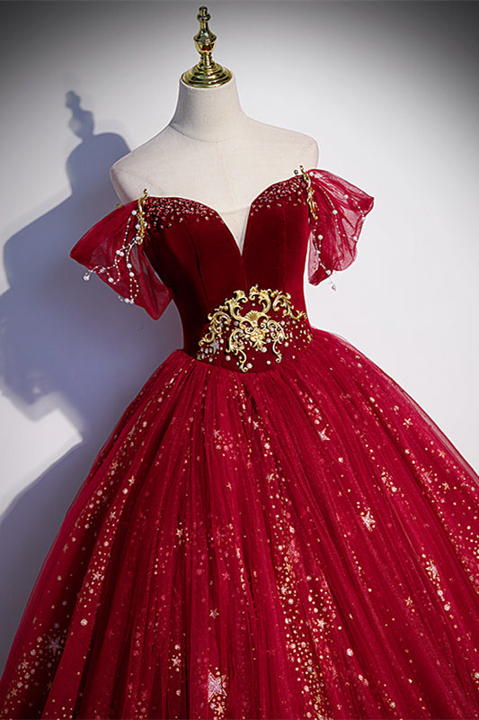 Sparkle Wine Red Off the Shoulder Ball Gown