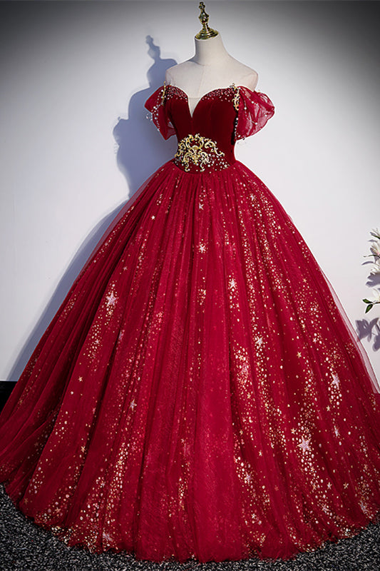 Sparkle Wine Red Off the Shoulder Ball Gown