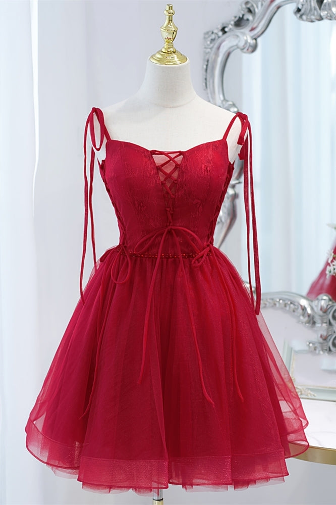 Princess Red A-line Tulle Short Party Dress with Lace Up Front