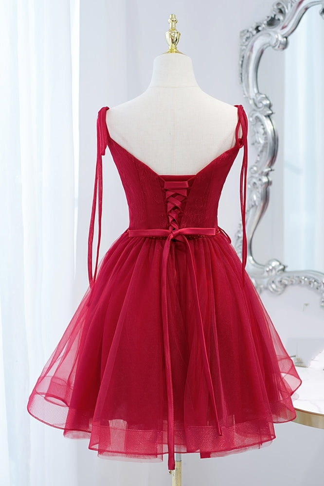 Princess Red A-line Tulle Short Party Dress with Lace Up Front
