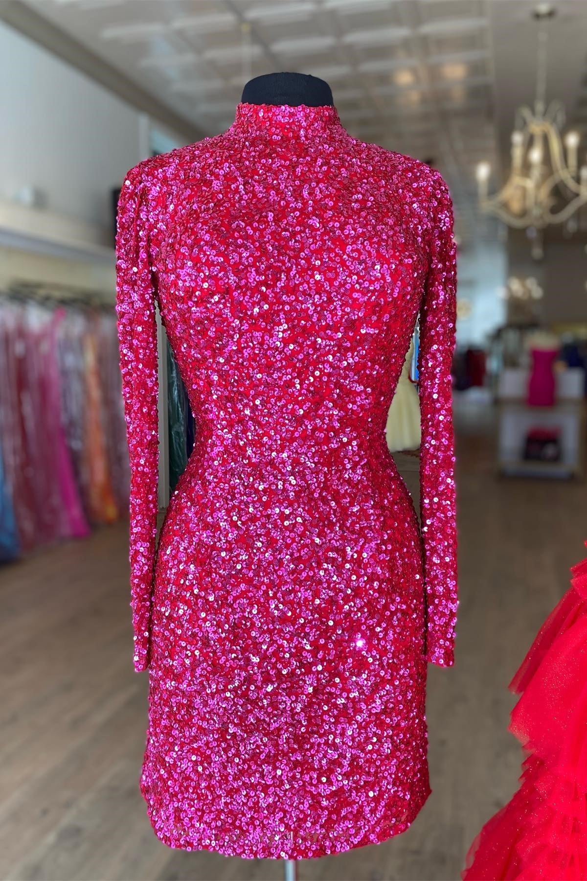 Sparkle Fuchsia Sequin Long Sleeves Bodycon Mini Party Dress