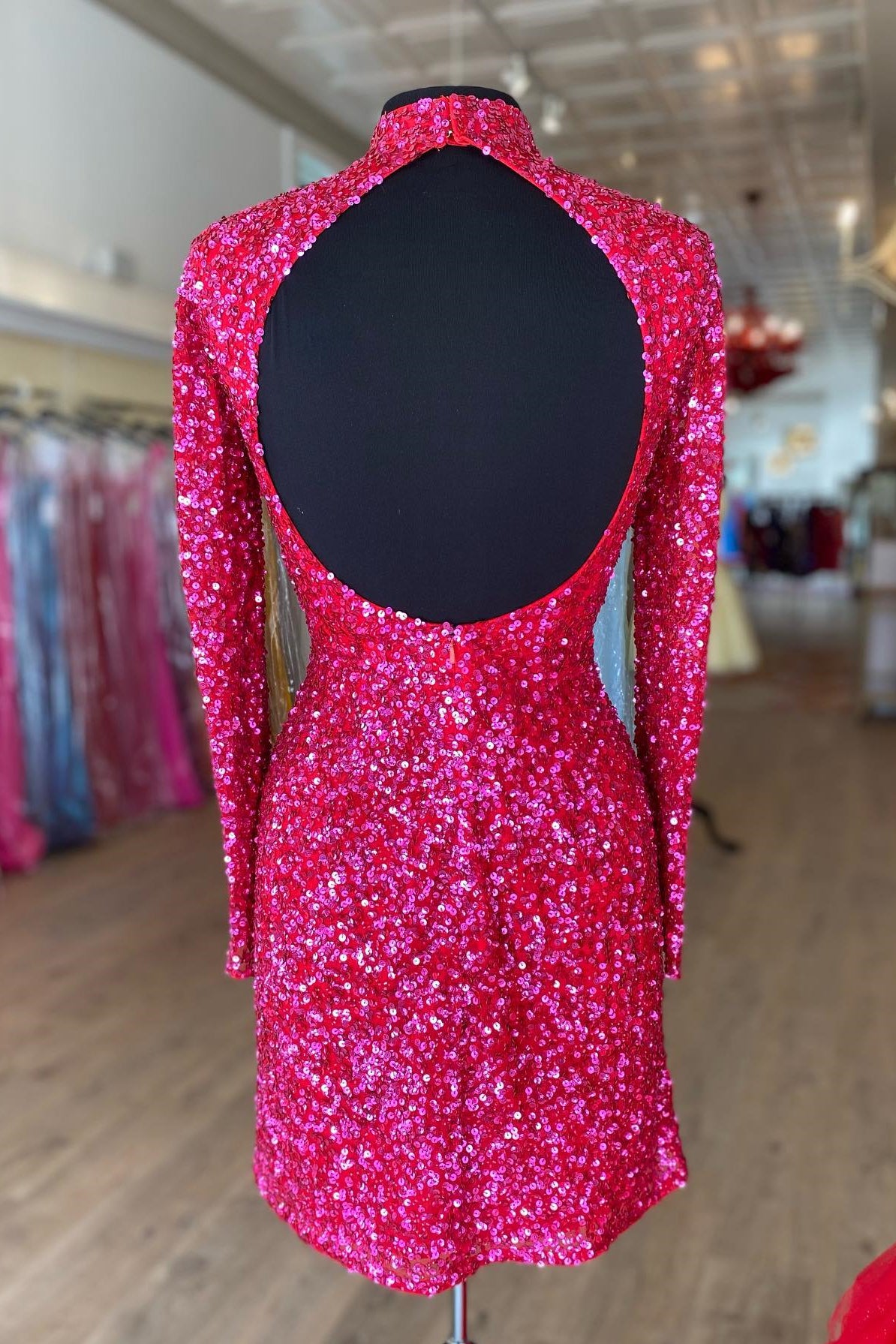Sparkle Fuchsia Sequin Long Sleeves Bodycon Mini Party Dress