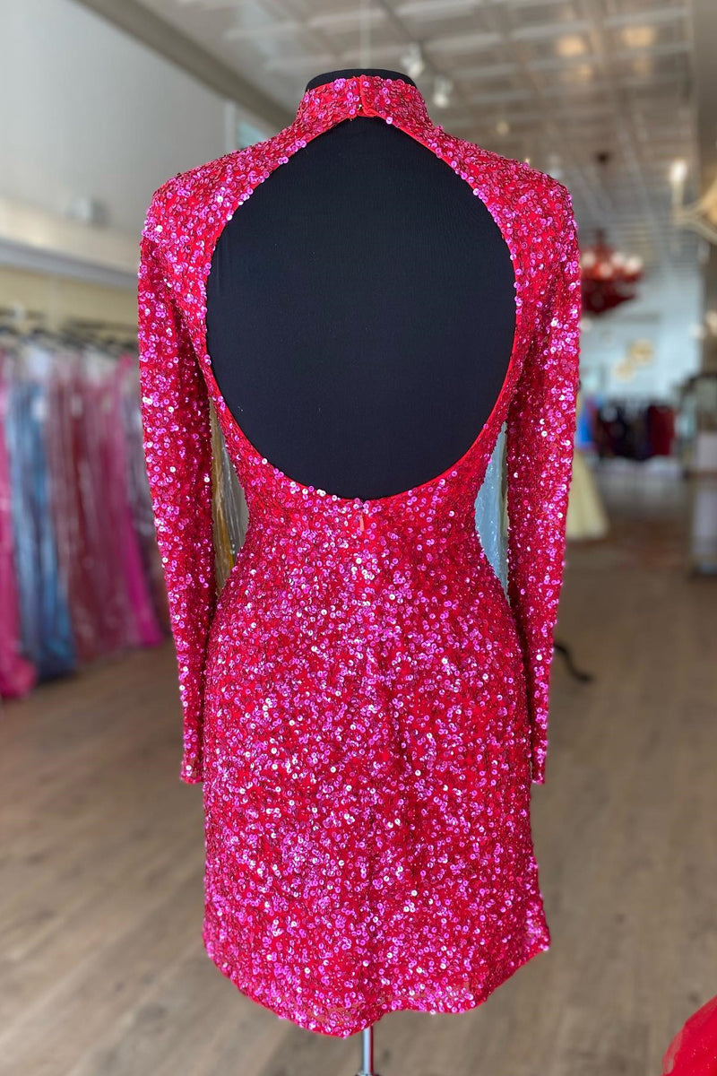 Sparkle Fuchsia Sequin Long Sleeves Bodycon Mini Party Dress