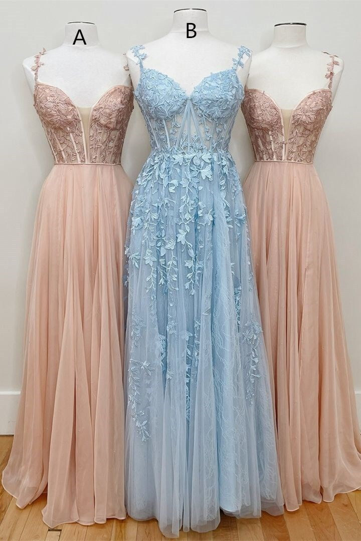 Princess A-line Lace Appliques Chiffon Long Prom Dress