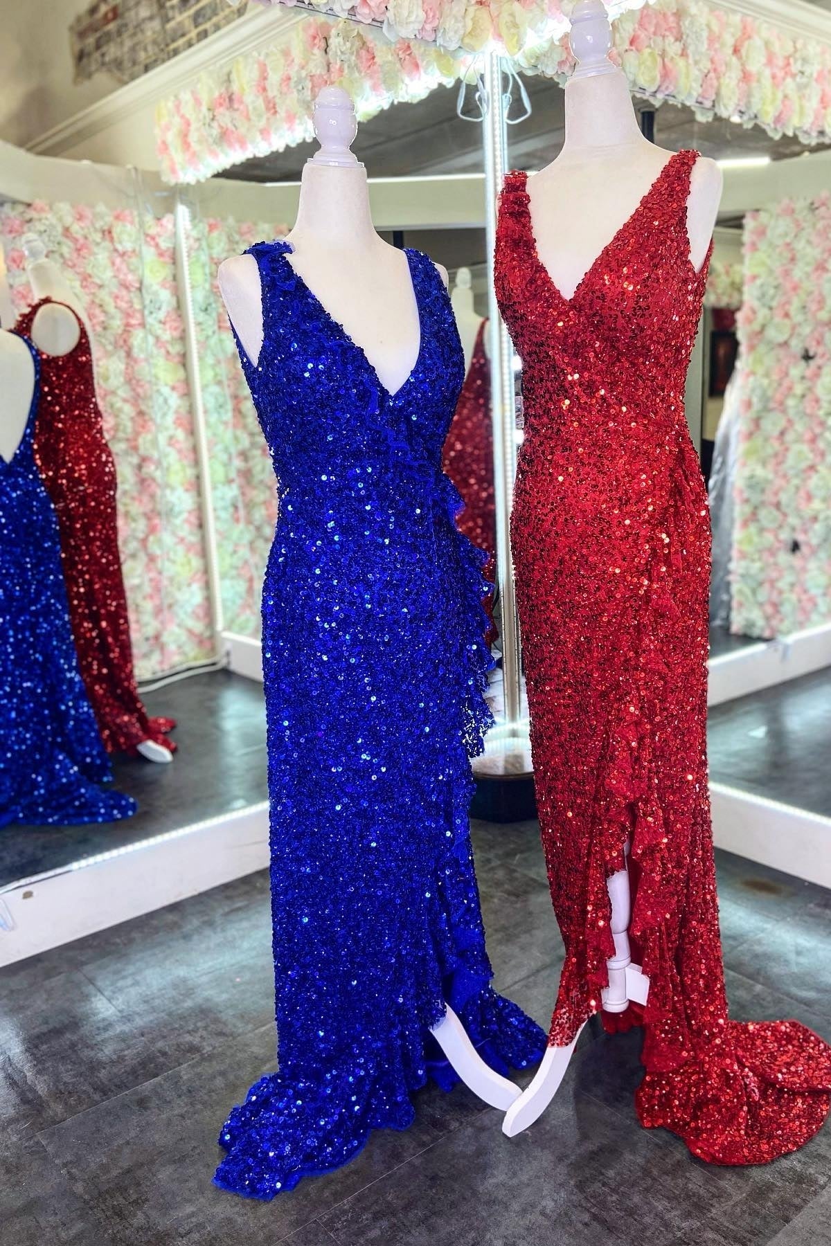 Royal Blue Sequin V Neck Tight Wrap Formal Dress