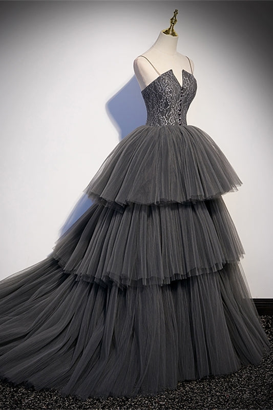 Spaghetti Straps Grey Tiered Layers Long Formal Gown 