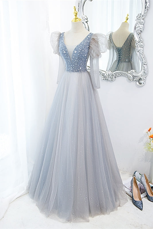 Fairy Grey Shiny A-line Long Formal Dress with Long Sleeves