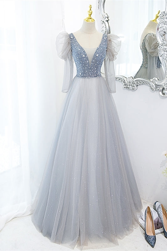 Fairy Grey Shiny A-line Long Formal Dress with Long Sleeves