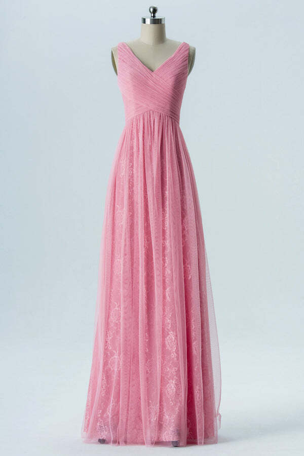 Blush Pink A-line Lace and Tulle Long Bridesmaid Dress
