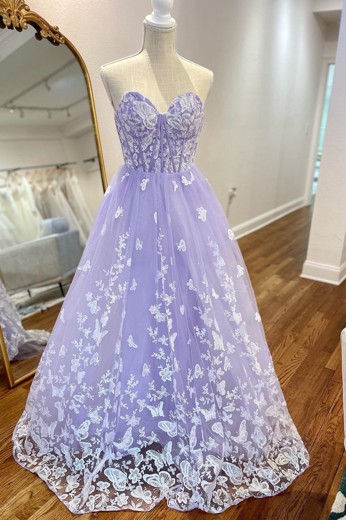 Sweetheart Lavender and White Lace A-line Long Prom Dress  Dressesforparty