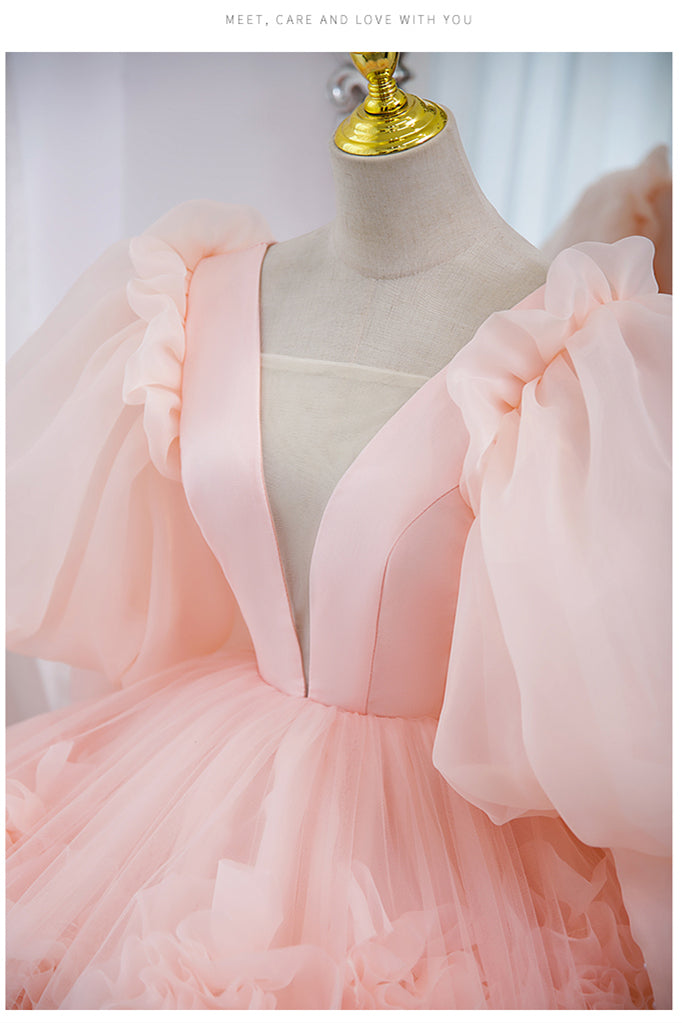Puffy Long Sleeves Pink Plunge Flowers Long Ball Gown 