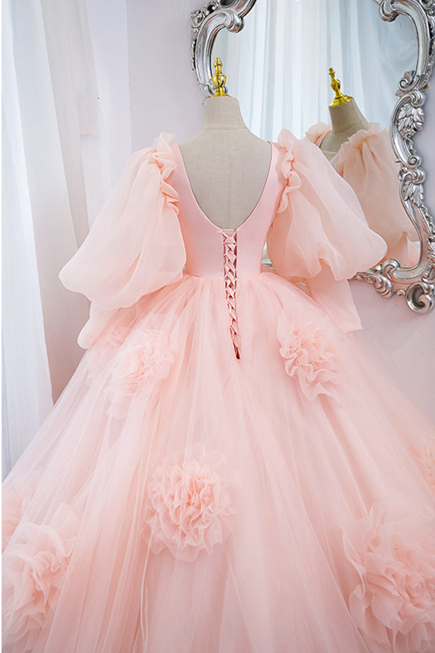 Puffy Long Sleeves Pink Plunge Flowers Long Ball Gown 