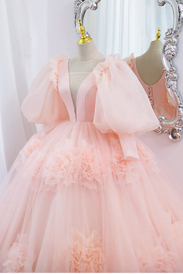 Puffy Long Sleeves Pink Plunge Flowers Long Ball Gown 