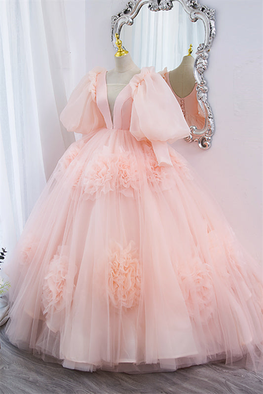 Puffy Long Sleeves Pink Plunge Flowers Long Ball Gown 