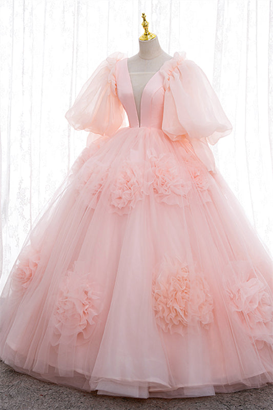 Puffy Long Sleeves Pink Plunge Flowers Long Ball Gown 