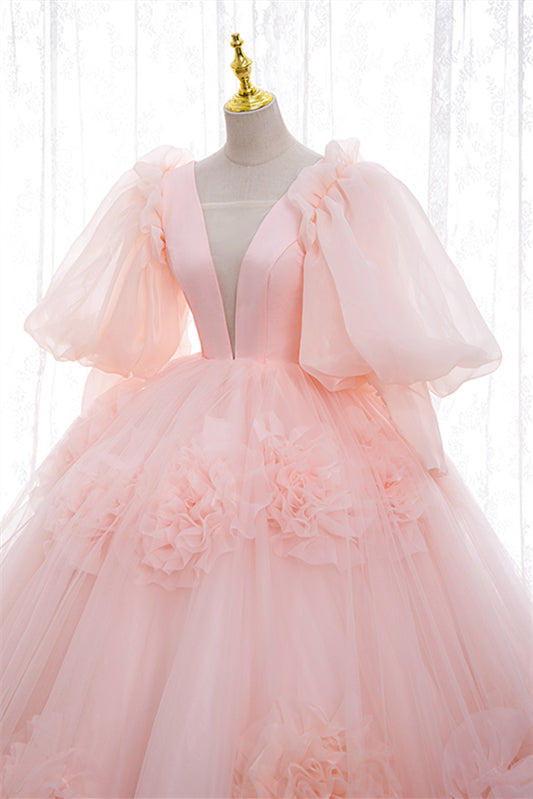 Puffy Long Sleeves Pink Plunge Flowers Long Ball Gown 