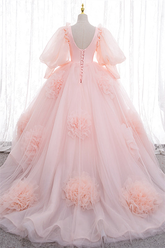 Puffy Long Sleeves Pink Plunge Flowers Long Ball Gown 