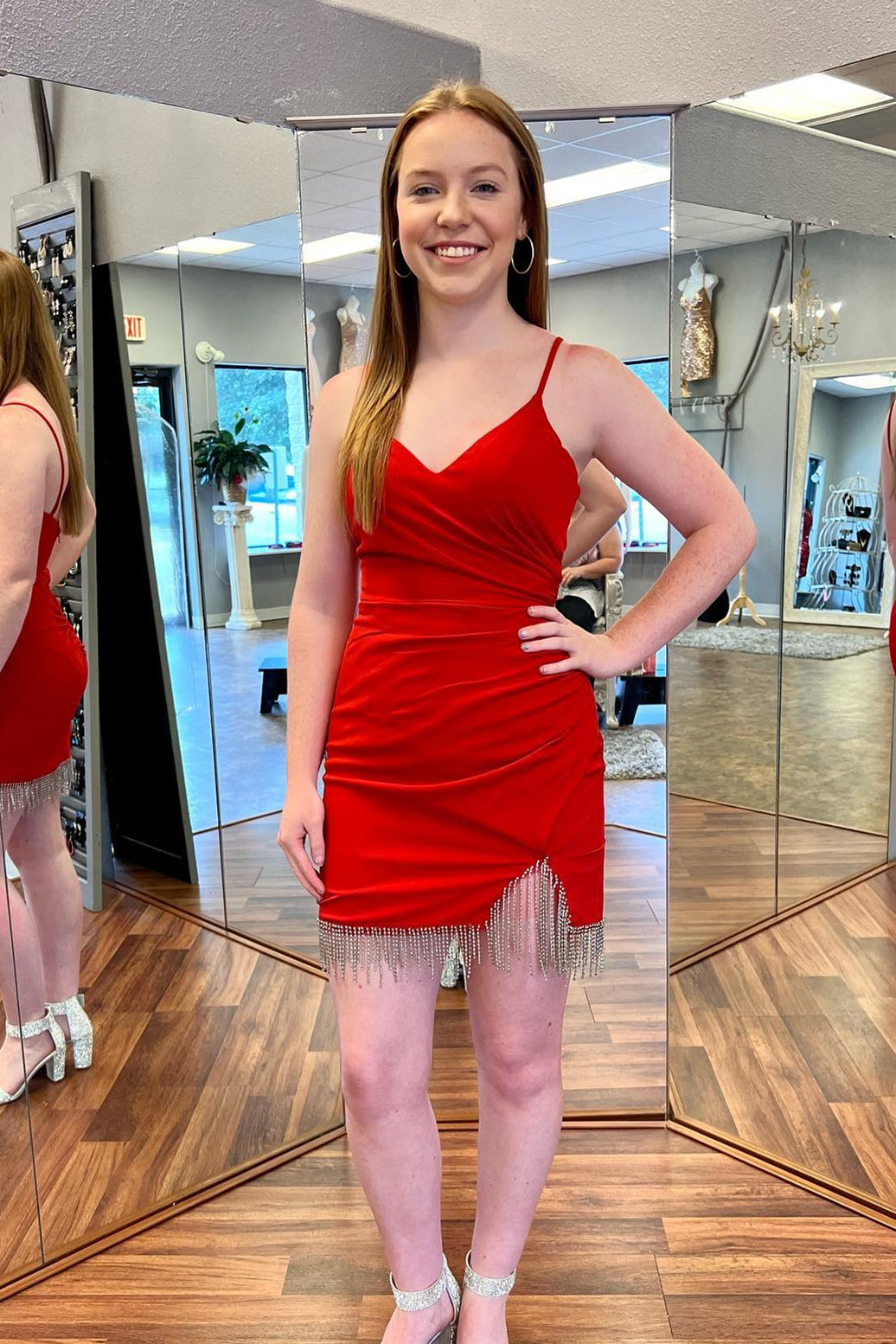 Straps Red Ruched Tassels Bodycon Mini Homecoming Dress