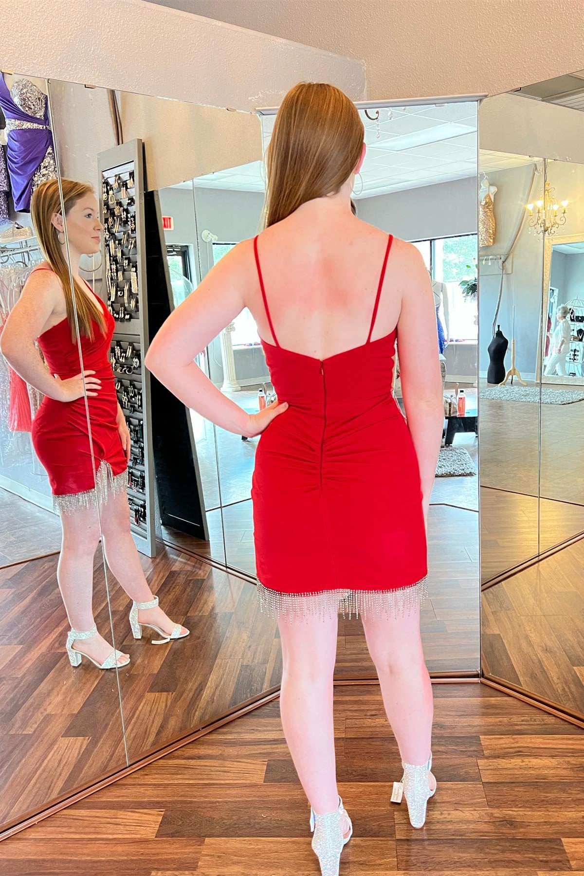 Straps Red Ruched Tassels Bodycon Mini Homecoming Dress