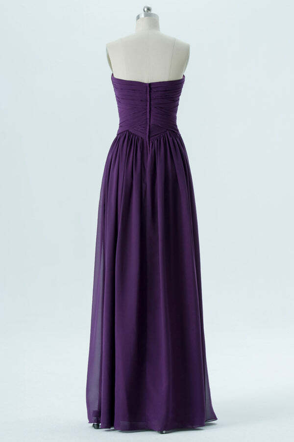 Purple Chiffon A-line Strapless Pleated Long Bridesmaid Dress