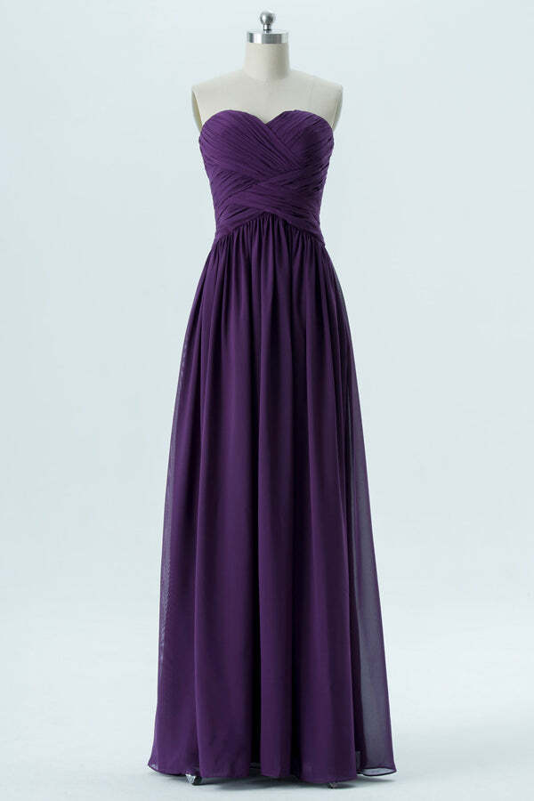 Purple Chiffon A-line Strapless Pleated Long Bridesmaid Dress