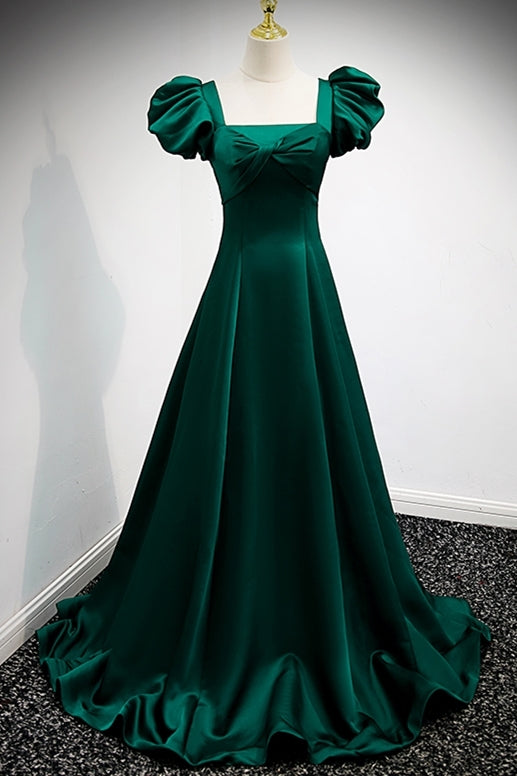 Green A-line Long Formal Dress with Puffy Sleeves 