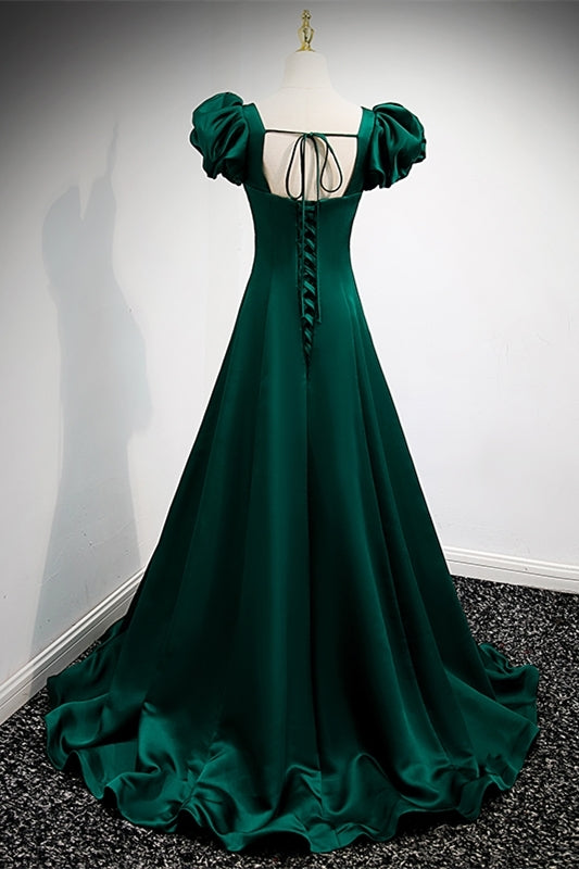 Green A-line Long Formal Dress with Puffy Sleeves 