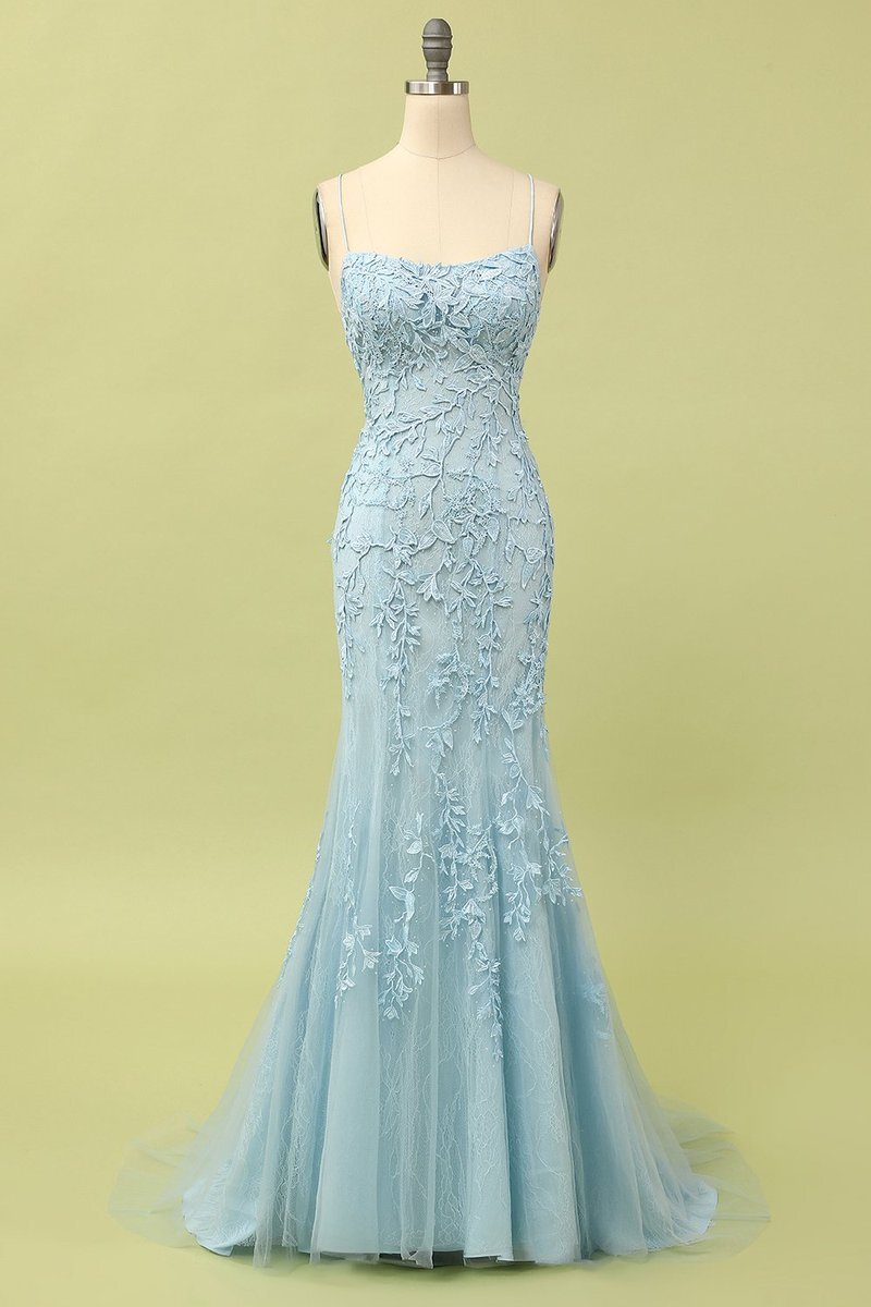 Straps Mermaid Blue Lace Appliqued Long Prom Dress