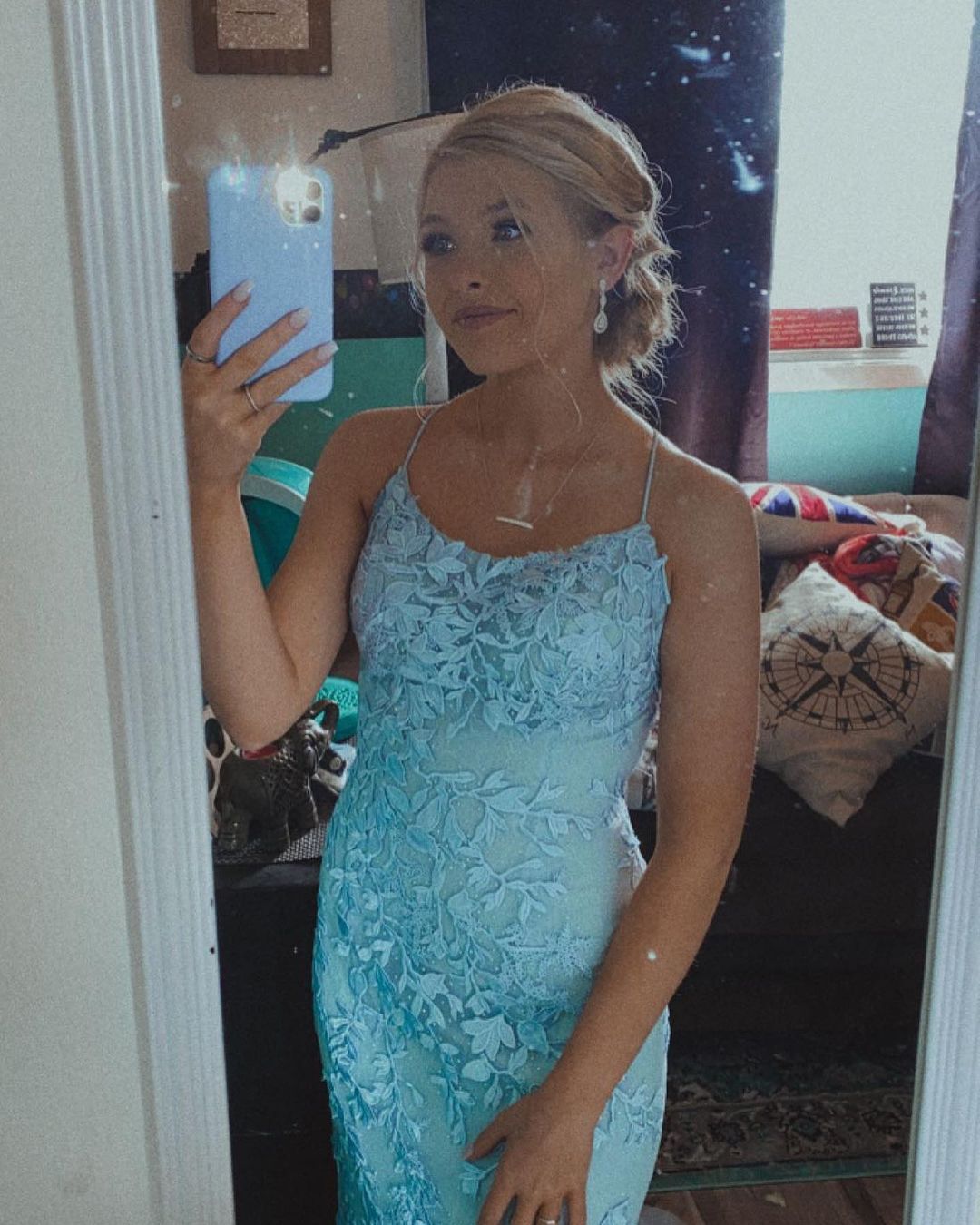 Straps Mermaid Blue Lace Appliqued Long Prom Dress