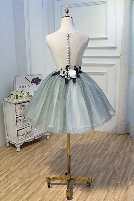 Cute Misty Green Short Party Dress with Handmade Flowers 