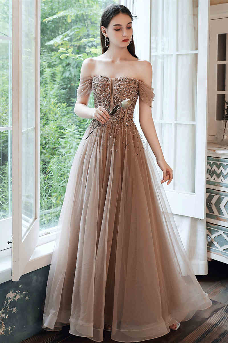 Stunning Champagne Tulle Long Party Dress