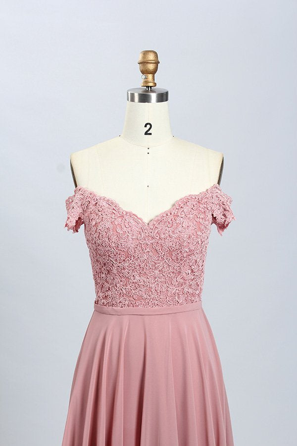 Blush Pink Off the Shoulder Lace Appliques Mermaid Long Formal Dress
