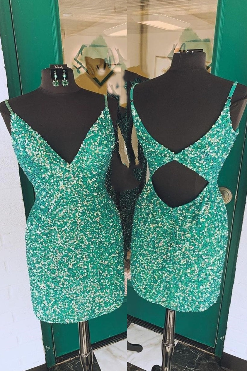 Green Sequin Spaghetti Straps Bodycon Mini Dress
