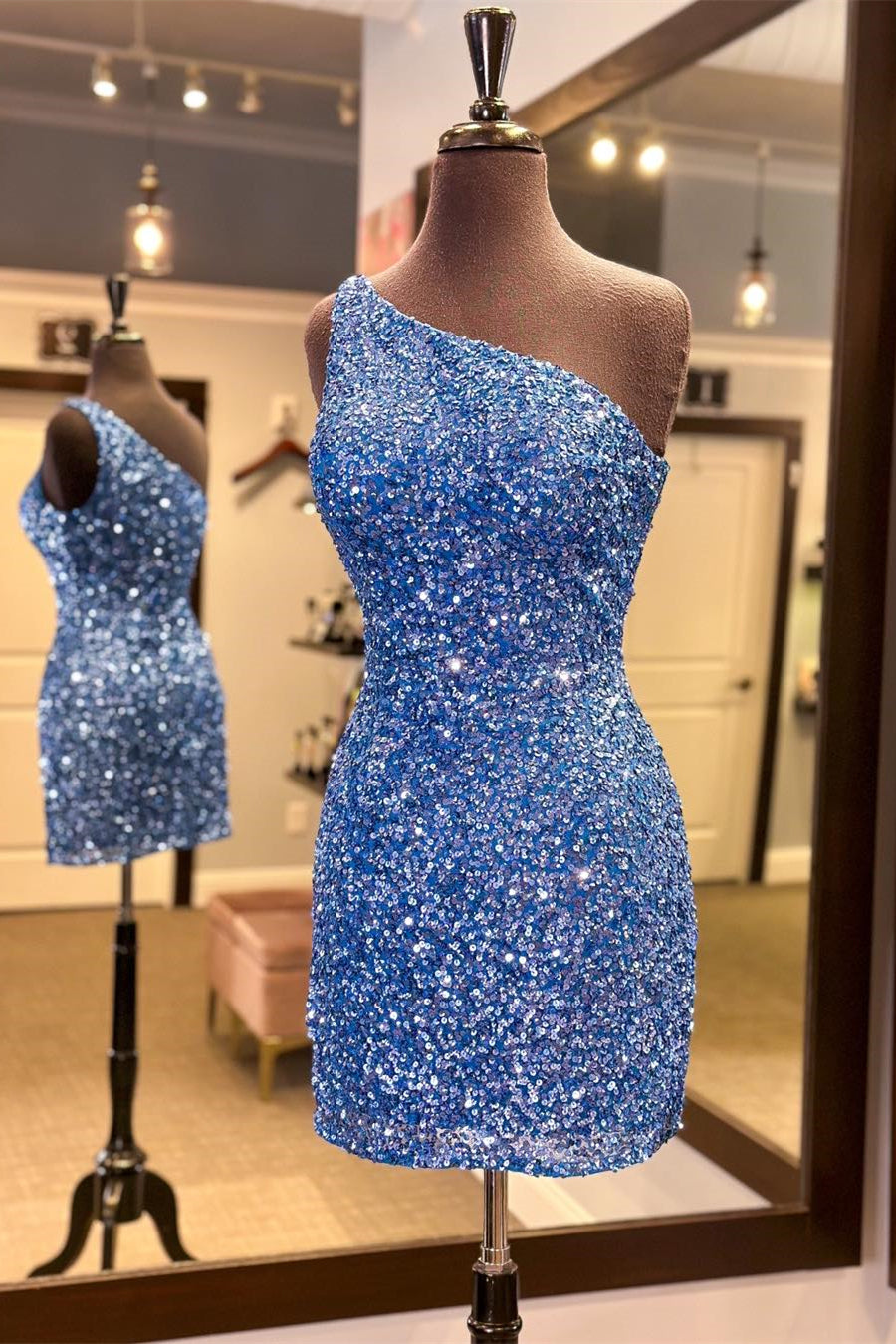 slim fit dress slacks One Shoulder Blue Sequin Tight Mini Dress – Dressesforparty