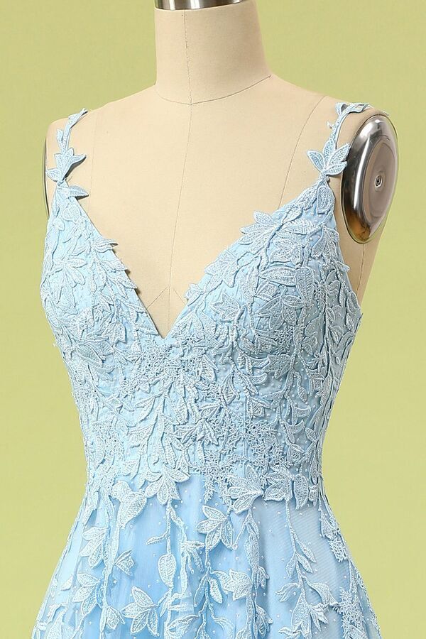 A-line Blue Lace Appliques Long Prom Dress