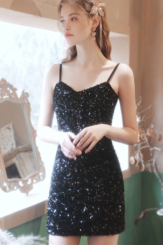 Tight Black Sequined Spaghetti Straps Homecoming Dress 
