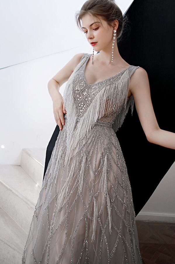 Luxurious Silver Grey Long Evening Gown