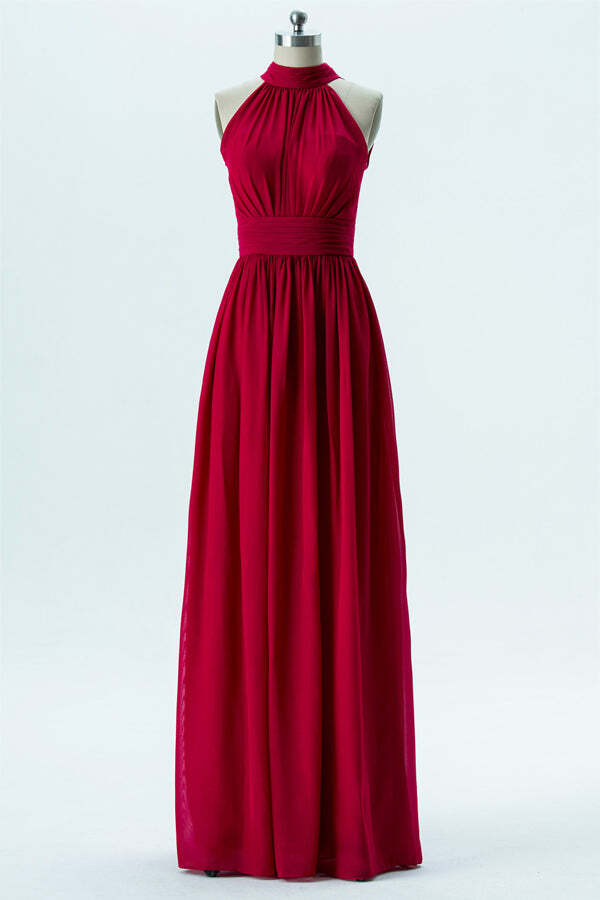 Halter A-line Wine Red Chiffon Long Bridesmaid Dress
