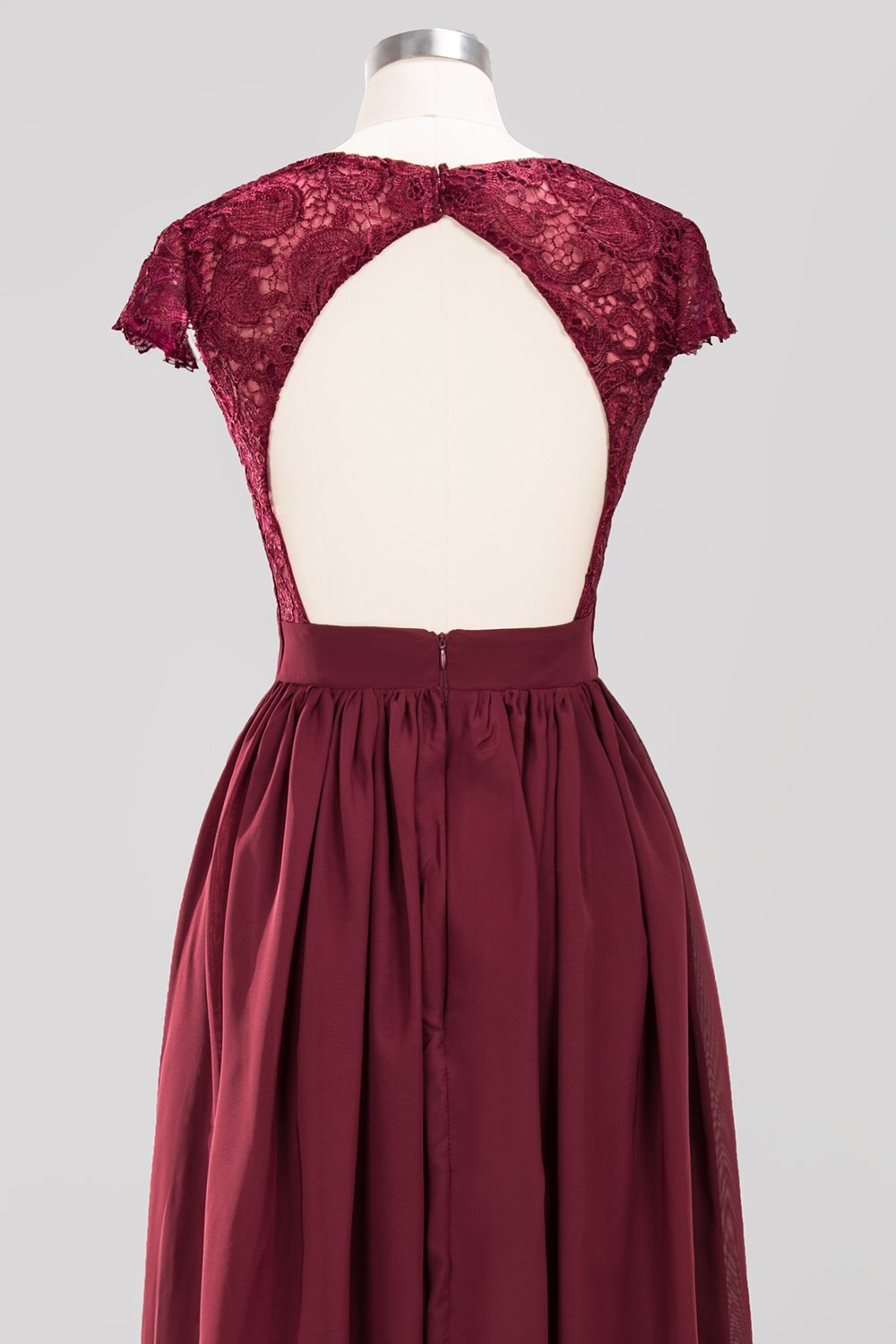 Cap Sleeves Wine Red Lace and Chiffon A-line Long Bridesmaid Dress