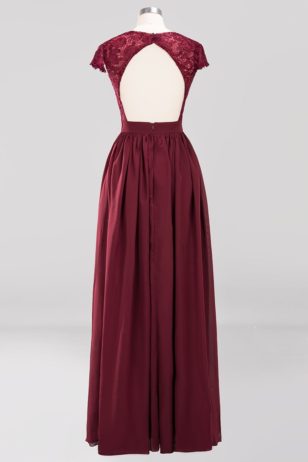 Cap Sleeves Wine Red Lace and Chiffon A-line Long Bridesmaid Dress