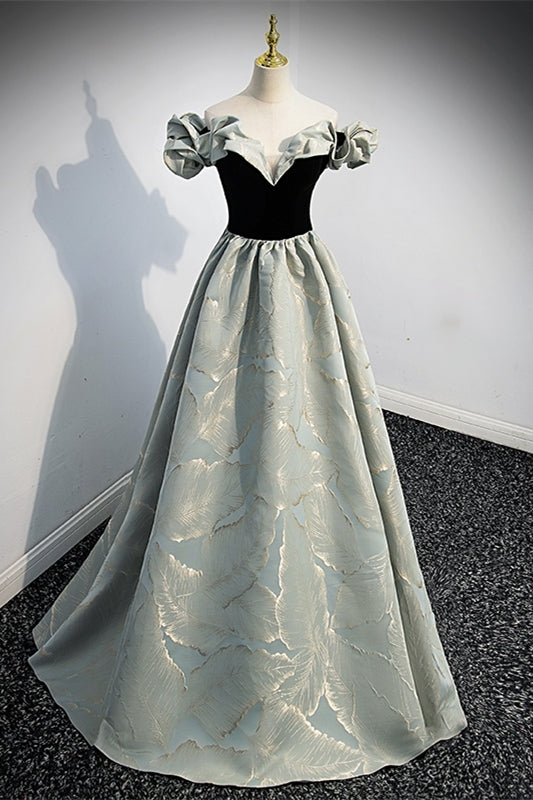 Fairy Off the Shoulder Black and Green Satin Long Prom Dress