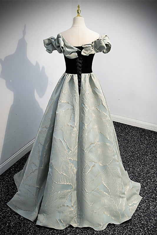 Fairy Off the Shoulder Black and Green Satin Long Prom Dress