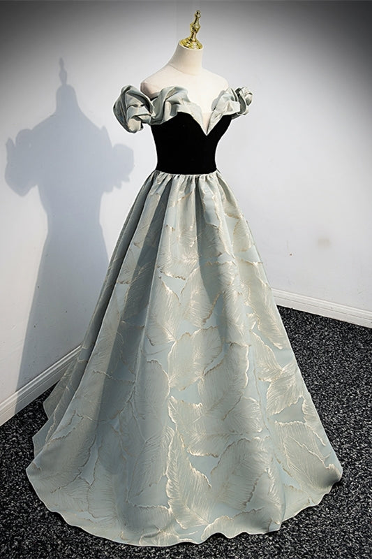 Fairy Off the Shoulder Black and Green Satin Long Prom Dress