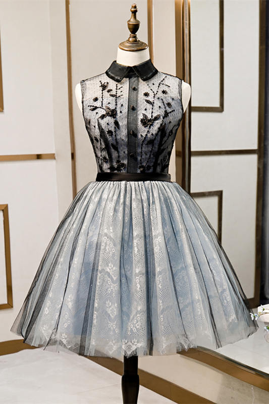 Black and Blue Short Party Dress with Peter Pan Collar